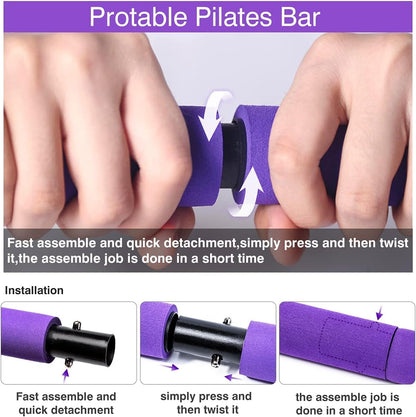 Portable Pilates Exercise Bar Kit with Adjustable 20 and 30 Pound Resistance Bands & Travel Bag for Use at Home, Gym, Office, or Travel, Purple